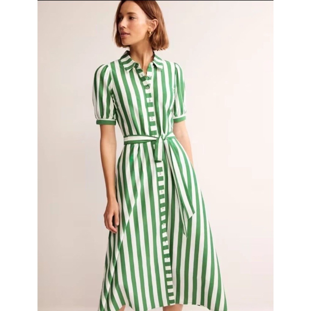 Boden Green and White Striped Midi Dress